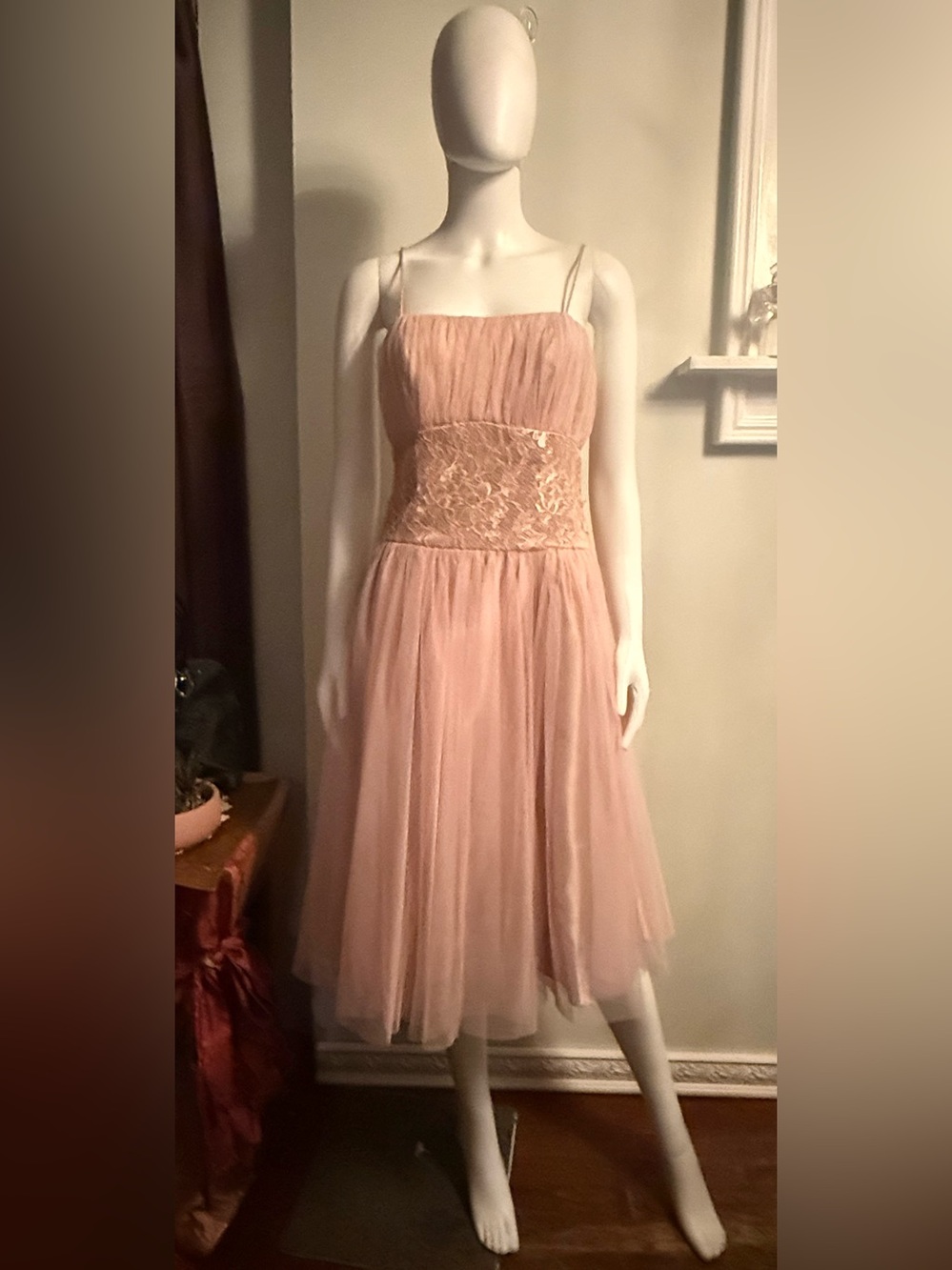OC by Oleg Cassini Blush Pink Midi Tulle Dress with Lace Bodice